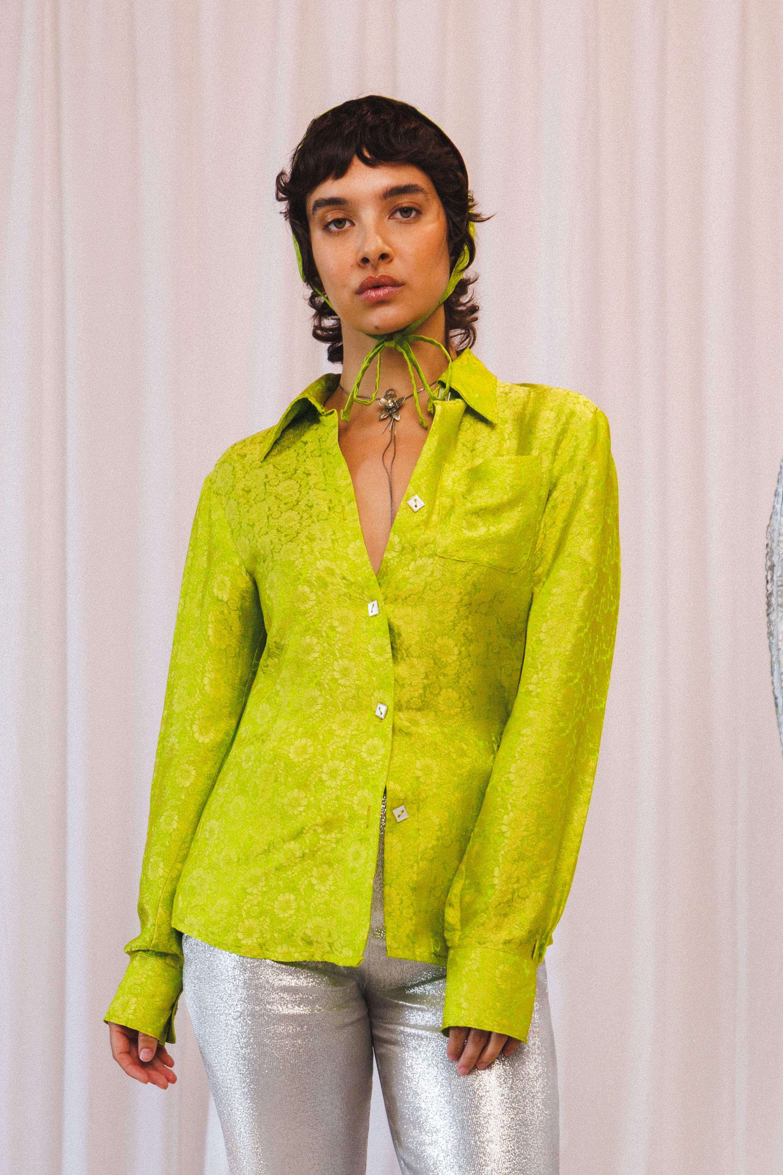 Rider Silk Button Up Blouse in Lime Light