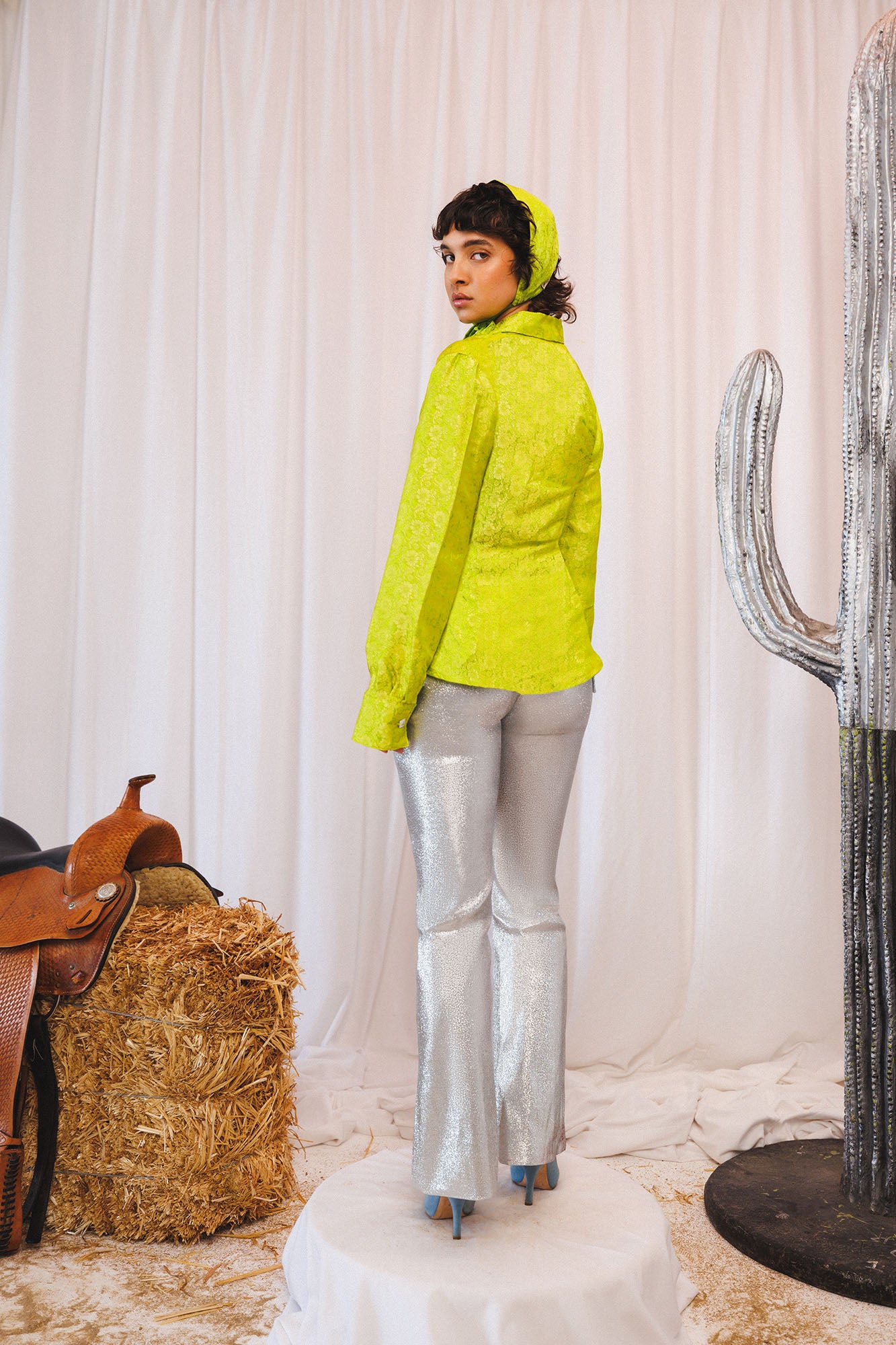 Rider Silk Button Up Blouse in Lime Light