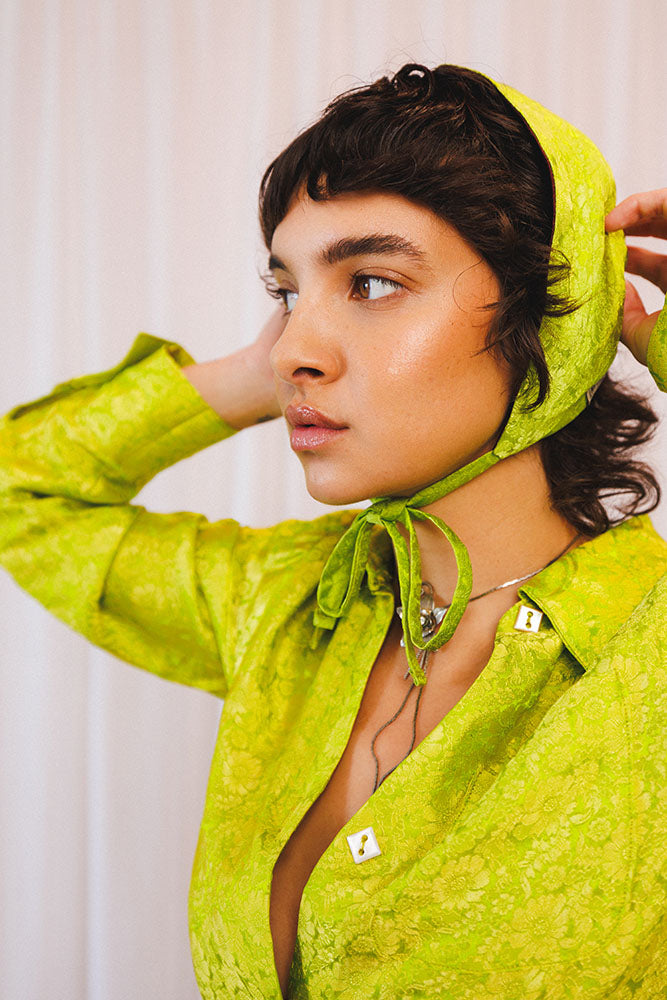 Rider Silk Button Up Blouse in Lime Light